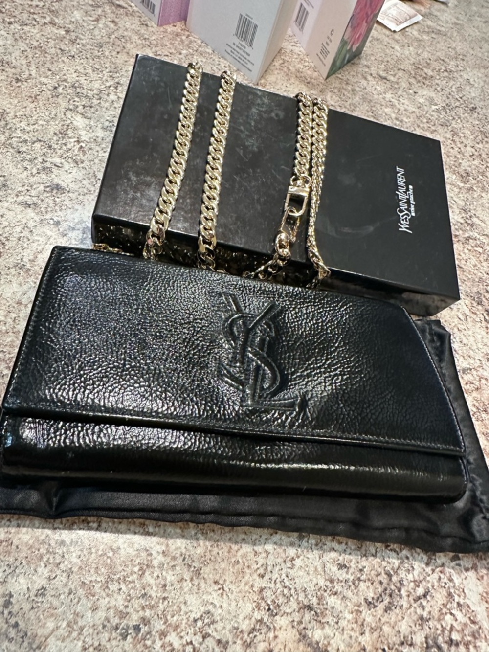 Saint Laurent Black Leather YSL Flap Clutch with Gold Chain